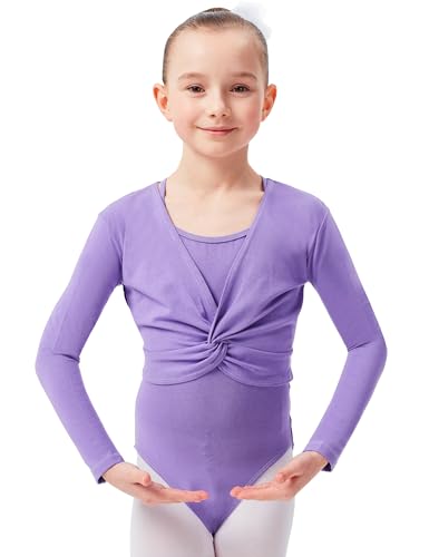 tanzmuster ® Ballettjacke Mädchen Langarm - Mia - aus sehr weichem Baumwollstoff Ballett Top zum Reinschlüpfen in lavendel, Größe 152/158 von tanzmuster