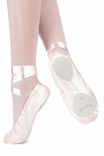 tanzmuster Ballettschuhe Mädchen - Sandy - Satin - Geteilte Ledersohle - Ballettschläppchen für Kinder - Tanzschuhe fürs Ballett - rosa, 33 von tanzmuster