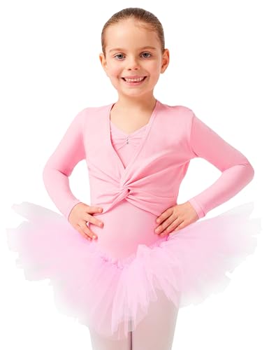 tanzmuster ® Ballettjacke Mädchen Langarm - Mia - aus sehr weichem Baumwollstoff Ballett Top zum Reinschlüpfen in rosa, Größe 140/146 von tanzmuster
