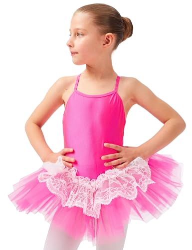 tanzmuster Kinder Ballett Trikot mit Tutu Antonia mit 3-lagigem Tüll und Einer Lage Spitze. EIN Zauberhaftes Ballettkleid für Mädchen in pink, Größe:104/110 von tanzmuster