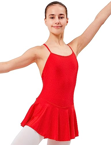 tanzmuster Kinder Ballettanzug Sophie mit Röckchen und am Rücken gekreuzten Spaghettiträgern. Hübsches Träger Ballettkleid aus glänzendem Material in rot, Größe:104/110 von tanzmuster