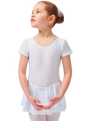 tanzmuster Kinder Kurzarm Ballett Trikot "Marina" mit Röckchen aus glänzendem Material in weiß, Größe:104/110 von tanzmuster