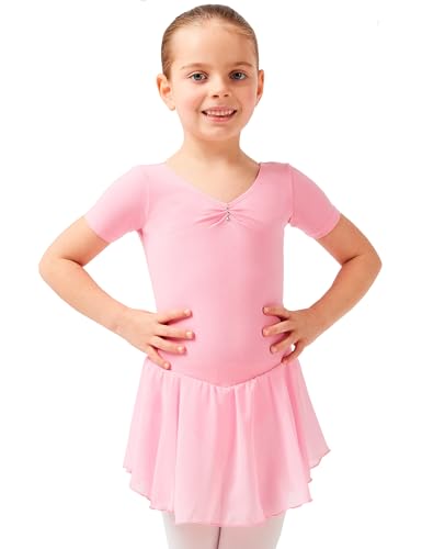 tanzmuster ® Ballettkleid Mädchen Kurzarm - Betty - aus Baumwolle mit Glitzersteinen und Chiffon Röckchen in rosa, Größe:152/158 von tanzmuster