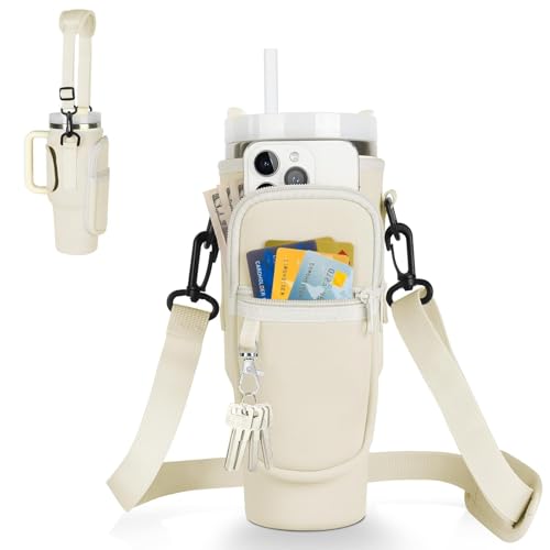 thirei Wasserflaschenhalter Tasche, Flaschenhalter mit Tasche, Neopren Wasserflaschenhalter mit Verstellbarem Riemen, Zum Reisen Wandern Laufen Radfahren,Cremefarben von thirei