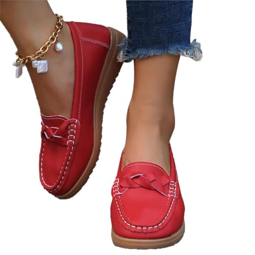 ticticlily Damen Loafers Mokassin Flache Schuhe Slip-On Mode Lässig Slipper Frauen Leder Bootsschuhe A Rot 43 EU von ticticlily