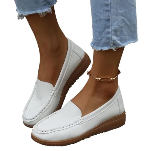 ticticlily Damen Loafers Mokassin Flache Schuhe Slip-On Mode Lässig Slipper Frauen Leder Bootsschuhe B Weiß 35 EU von ticticlily