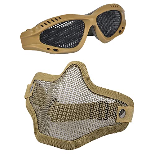 tryway Taktische Airsoft-Maske und Schutzbrille, Halbgesichts-Totenkopf-Maske mit Airsoft-Brille für Outdoor-CS-Spiel und Jagd (Khaki) von tryway