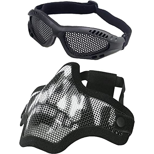 Taktische Airsoft-Maske und Brille Set | Half Face Skull Mesh Maske mit Airsoft Brille für Outdoor CS Spiel und Jagd (Schwarz) von tryway