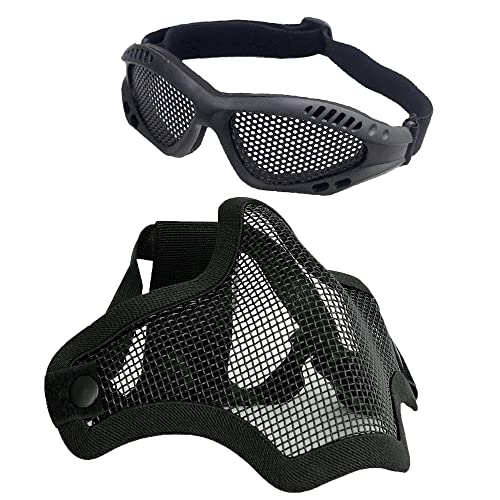 Taktische Airsoft-Maske und Brille Set | Half Face Skull Mesh Maske mit Airsoft Brille für Outdoor CS Spiel und Jagd (schwarz) von tryway