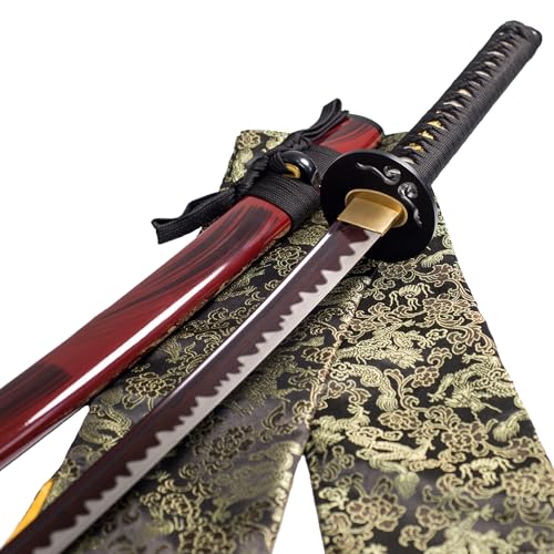 TSIAO CHIH Full Tang Handgefertigtes Japanisches SamuraiSchwert Hamon geschmiedetes gefaltetes rotes Damaskus echtes Scharf Metall Katana… von tsiao chih