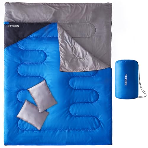 Tuphen Doppelschlafsack, Schlafsack mit 2 Kissen, Queen Size XL Tasche für 2 Personen, kaltes warmes Wetter- 3 Jahreszeiten, wasserdicht Erwachsene Schlafsack für Camping, Backpacking oder Wandern von tuphen