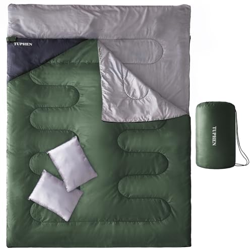 Tuphen Doppelschlafsack, Schlafsack mit 2 Kissen, Queen Size XL Tasche für 2 Personen, kaltes warmes Wetter- 3 Jahreszeiten, wasserdicht Erwachsene Schlafsack für Camping, Backpacking oder Wandern von tuphen