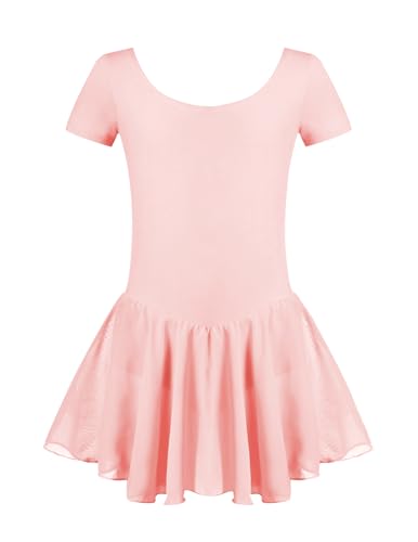 Untlet Ballettkleid Mädchen Kinder Kurarm Ballettanzug Ballett Trikot Kurzarm Body mit Chiffon Wickelrock Kinder Ballettkleidung Tanzkleid Tanzbody,Hellrosa,160 von untlet