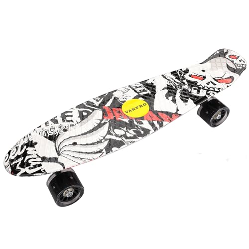 Vanpro 55,9 cm Skateboards, komplettes Mini-Cruiser-Skateboard, Retro-Skateboard für Kinder, Jungen, Jugendliche, Anfänger (schwarz-weißer Totenkopf) von vanpro