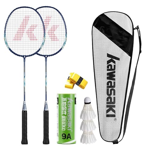 Kawasaki Badmintonschläger Badminton-Set mit 3 Badminton-Birdies, 2 Badmintonschlägern, 2 Badminton-Overgrip, 1 tragbare Badmintonschlägertasche für Training, Sport Blau von vicleo