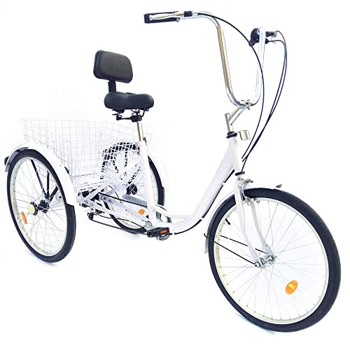 wanwanper 24 Zoll Adult Tricycle Trike, Erwachsenen-Dreirad Cityräder, Senioren Trike Bike Cruiser Bikes, 3 Rad Fahrrad 6 Gang Bike mit Korb und Backrest, für Mann, Frau, ältere Menschen (Weiß) von wanwanper