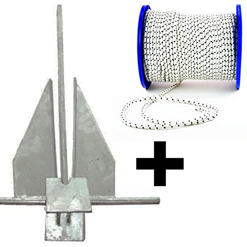 wellenshop Platten-Anker Danforth-Anker Bootsanker Stahl Verzinkt 6 kg + Ankerleine Bootsleine Polyester-Leine 50 m Ø 10 mm von wellenshop