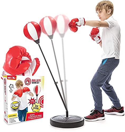 Whoobli Boxball für Kinder inkl. Boxhandschuhe, 3 - 10 Jahre, verstellbarer - mit Ständer, Set Spielzeug für Jungen und Mädchen (Rot-Weiß) von whoobli