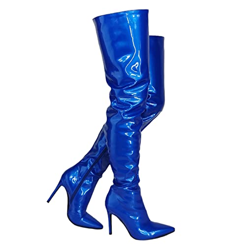 woileRQ Blaue Overknee-Stiefel mit spitzer Zehenpartie für Damen, sexy Overknee-Stiefel, Lange Winterstiefel mit Reißverschluss, modische All-Match-Party-Abschlussballschuhe,Blau,45 von woileRQ