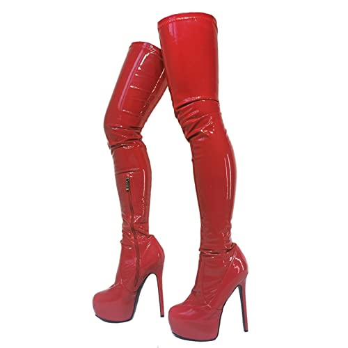 woileRQ Overknee-Stiefel aus Stretch-Lackleder für Damen, Oberschenkelhohe Stiefel mit roter Plattform, 6-Zoll-Stiletto-Absätze, Lange Stiefel, sexy Herbst-Winter-Stiefel,Rot,38 von woileRQ