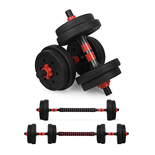 wuuhoo® 2in1 Fitness Hantelset Jimmy, 30mm Kurzhantelset, 10kg, 20kg, 30kg, Kurzhantelstange und Langhantelstange mit Gewichten, Fitnessgerät aus Kunststoff für Zuhause, HomeGym - 10kg - rot von wuuhoo