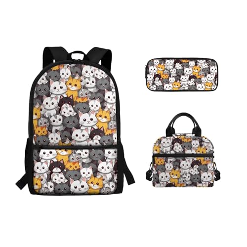 xixirimido 3er-Pack Schulter-Büchertasche, Lunch-Tasche, Federmäppchen für Kinder, Schule, Cartoon Katze, Einheitsgröße, Lässiger Tagesrucksack von xixirimido