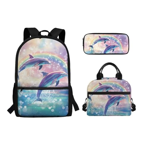 xixirimido Schul-Büchertaschen-Set Lunchbox Federmäppchen Tasche für Jungen Mädchen, Delfin, Einheitsgröße, Lässiger Tagesrucksack von xixirimido