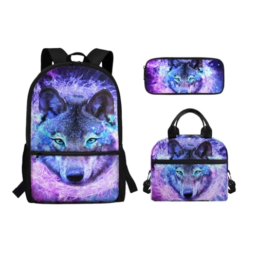 xixirimido Schul-Büchertaschen-Set Lunchbox Federmäppchen Tasche für Jungen Mädchen, Galaxy Wolf, Einheitsgröße, Lässiger Tagesrucksack von xixirimido