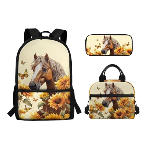 xixirimido Schul-Büchertaschen-Set Lunchbox Federmäppchen Tasche für Jungen Mädchen, Pferd Sonnenblume, Einheitsgröße, Lässiger Tagesrucksack von xixirimido