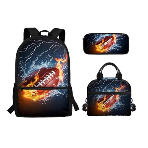 xixirimido Schul-Büchertaschen-Set Lunchbox Federmäppchen Tasche für Jungen Mädchen, Wasserfeuer-Rugby, Einheitsgröße, Lässiger Tagesrucksack von xixirimido