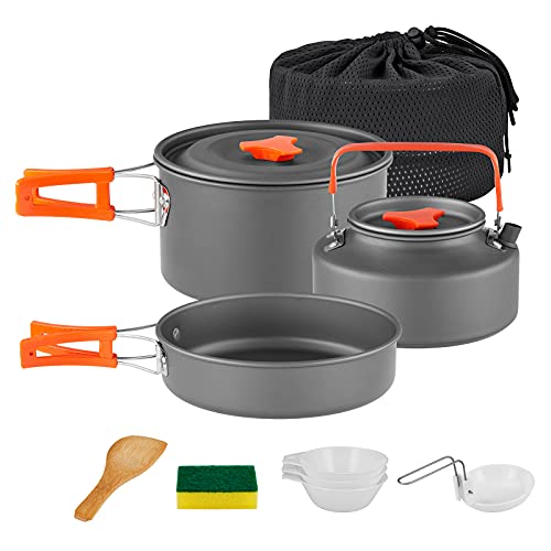 yETO Camping Kochtopf Set Alu-Topfset Wasserkocher mit Netztasche für Rucksackreisen, Kochgeschirr Set Wandern und Picknick für 2-3 Personen von yETO
