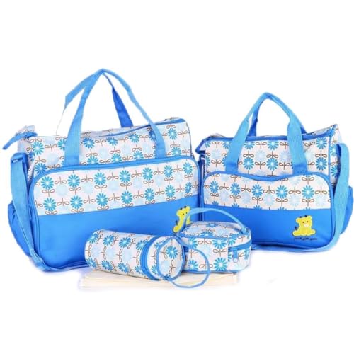 yeeplant 5-teiliges tragbares Wickeltaschen-Set: dekorative Blume, große Kapazität, niedliche Reise-Wickeltasche mit aufgedruckten Funktionen zum Aufhängen, blau, Einheitsgröße von yeeplant