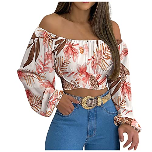 yiouyisheng Damen Crop Top Langarm Tshirt Schulterfrei Langarmshirt Off-Shoulder Kreuzgurte Top Laternenärmel Einfarbiges Bluse Bauchfrei Oberteile Trägerloses T-Shirt Crop Tops von yiouyisheng