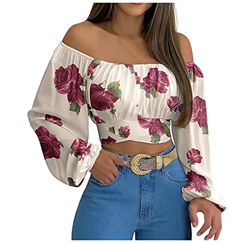 yiouyisheng Damen Crop Top Langarm Tshirt Schulterfrei Langarmshirt Off-Shoulder Kreuzgurte Top Laternenärmel Einfarbiges Bluse Bauchfrei Oberteile Trägerloses T-Shirt Crop Tops von yiouyisheng