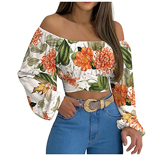 yiouyisheng Damen Crop Top Langarm Tshirt Schulterfrei Langarmshirt Off-Shoulder Kreuzgurte Top Laternenärmel Einfarbiges Bluse Bauchfrei Oberteile Trägerloses T-Shirt Crop Tops von yiouyisheng