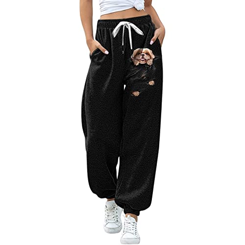 yiouyisheng Damen Sporthose Trendy Katze Hund Tierdruck Jogginghose mit Kordelzug und Tasche, Street Jogger Leichte Bequeme Baggy Workout Sweatpants Lounge Hose mit Pockets von yiouyisheng