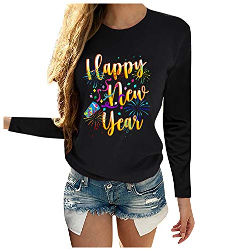 yiouyisheng Happy New Years Print Tshirt Damen Langarm Oberteile Langarmshirt Damen Longsleeve Shirt Frohes neues Jahr Druck T Shirt Frauen Neujahrs-T-Shirt von yiouyisheng