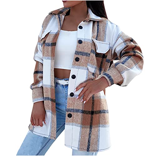 yiouyisheng Jacke Damen Frühling Herbst Wollmantel Damen Kariert Hemd Jacke Wintermantel Frauen Revers Button Up Taschen Langarm Hemd Bluse Mantel Jacke Outwear Rot Khaki Schwarz von yiouyisheng