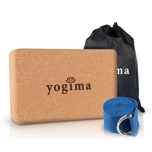 YOGIMA Yoga Block Kork inkl. Yoga Gurt 183cm für Dehnübungen – Rutschfester Yogaklotz Kork – Natürlicher Korkblock für Yoga, Pilates & Fitness - Yoga Zubehör Damen & Herren von yogima