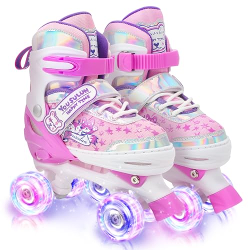 Verstellbare Rollschuhe für Kinder mit Leuchtenden Rädern, LED Inline Skates für Erwachsene, Mädchen und Jungen (Rosa, L(35-38)) von yousulun