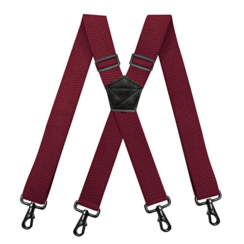 yyzlvffm Hosenträger Suspender Strapazierfähige Arbeits-Hosenträger Für Herren, 3,8 cm Breit, X-Form, Mit 4 Drehbaren Karabinerhaken, Verstellbarer, Elastischer Biker-Hosenträger, Riemen, Weinrot von yyzlvffm